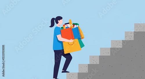 Woman Ascending Steps Carrying Colorful Shopping Bags