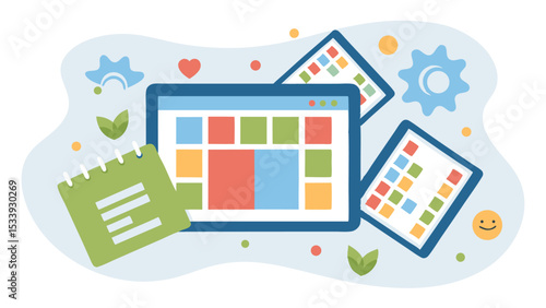Illustration of digital devices with colorful grids, a notepad, and decorative elements around them