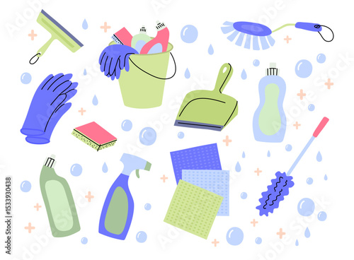 Cartoon Color Different Cleaning Supplies Floating Set Housework Concept Flat Design Style. Vector illustration of Brush, Cloth, Wiper, Scoop, Washing Sponge and Detergent Bottle