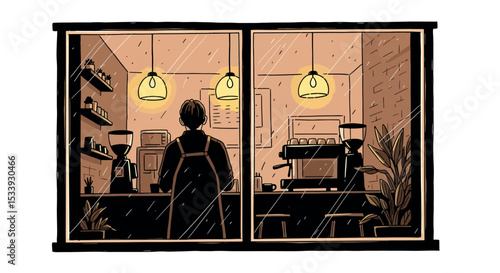 Hand Drawn Coffee Shop Window Scene - Cozy Cafe Vector