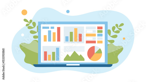 Laptop displaying colorful charts and graphs with foliage and abstract background elements present here