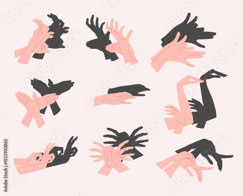 Cartoon Color Different Light Skin Hand Shadow Puppets Set Concept Flat Design Style. Vector illustration of Hands Creating Various Shapes