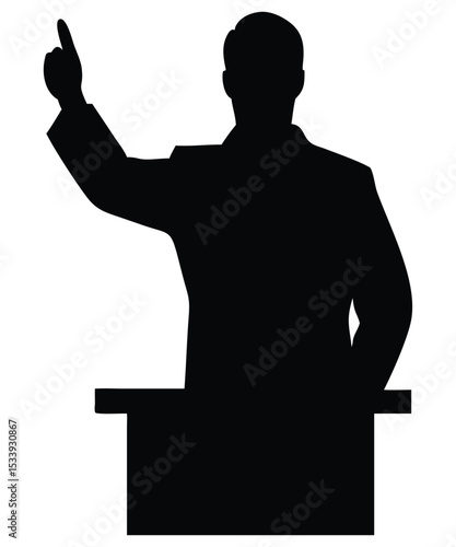 Silhouette of a man giving a speech or presentation at a podium with his hand raised up high in the air