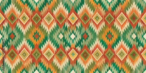 Colorful geometric pattern with vibrant diamonds and spikes on a textured background.