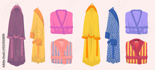Cartoon Color Different Bathrobe Set Folded and Hanging View Concept Flat Design Style. Vector illustration of Bathrobes