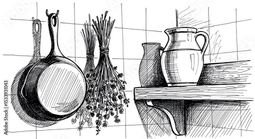 Hand Drawn Rustic Kitchen Corner - Farmhouse Still Life Vector Sketch