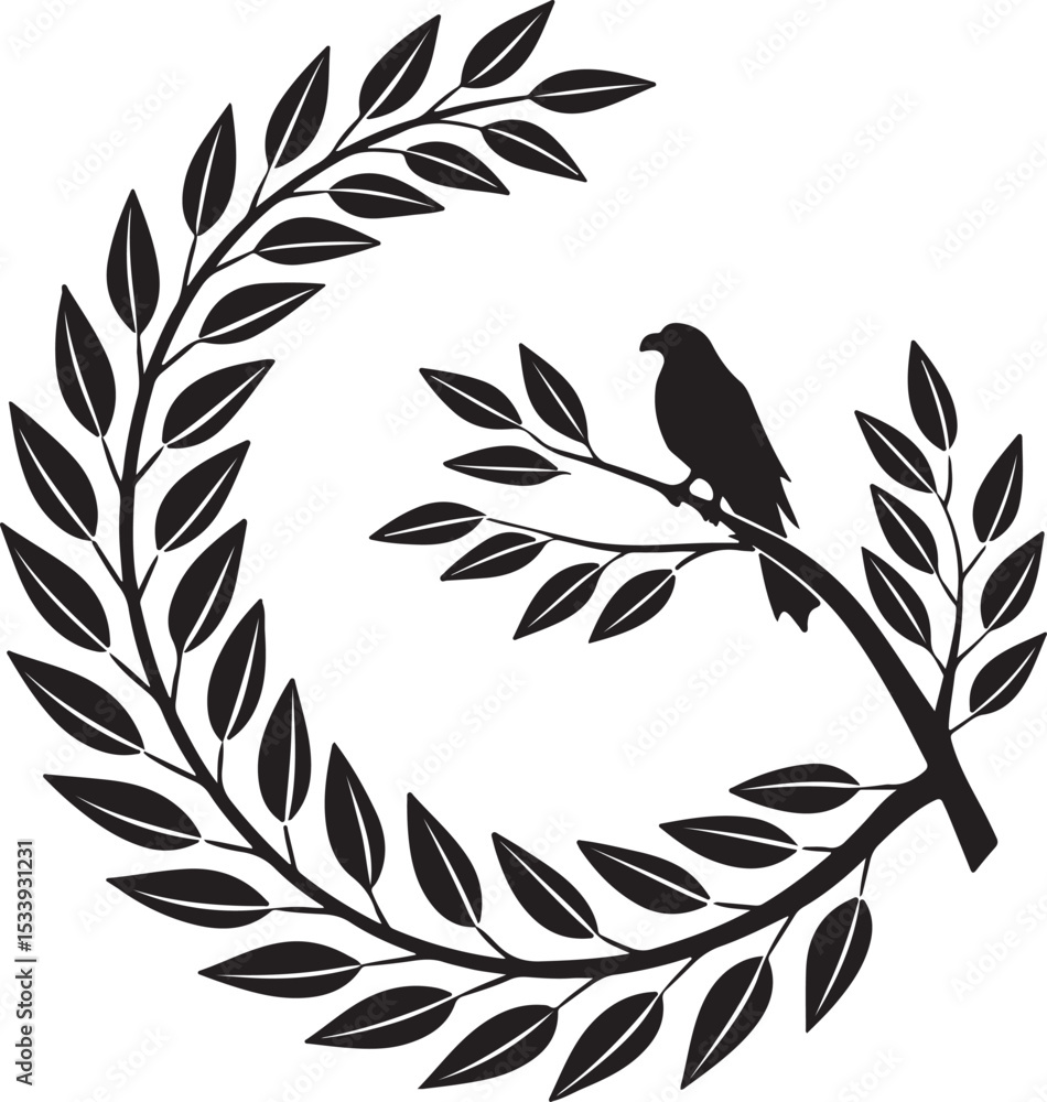 Fototapeta premium Closed laurel wreath black silhouette with smooth rounded leaves, bold minimal layout great for award emblems or decorative stock use