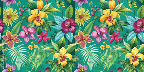 Vibrant tropical floral pattern featuring various colorful flowers and lush leaves.