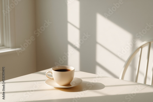 Wallpaper Mural Minimalist coffee cup on white wooden table with soft natural sunlight and shadows creating calm and cozy atmosphere in warm neutral color palette Torontodigital.ca