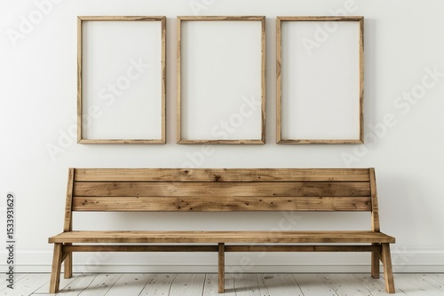 Detailed Picture of Wooden Bench with Three Empty Frames on White Wall