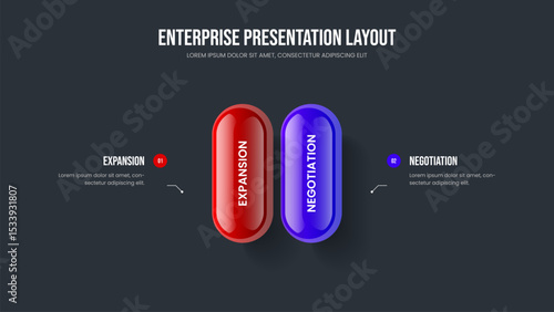 Product Profile 2 Step Infographic Slide Layout. Market Analysis Two Option Diagram Slideshow Design. Marketing Campaign Presentation Template Vector Illustration.