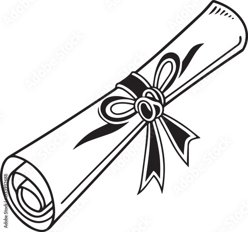 Flat silhouette of horizontal diploma with center ribbon knot, bold minimal layout designed for certificates and black award icons on stock platforms