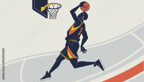 Basketball player in motion performing slam dunk, wearing dark uniform with vibrant stripes on abackground. Concept of athleticism. Ai generative                     