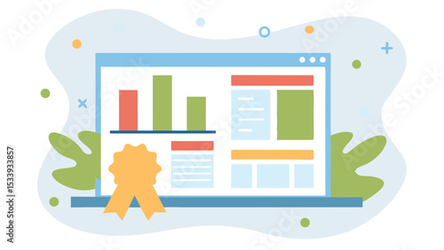 Illustration of a laptop displaying a bar graph and a golden award ribbon at the bottom