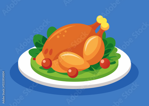 Roast turkey bird on a plate for Thanksgiving or harvest festival. Baked grilled chicken on a plate vector cartoon illustration