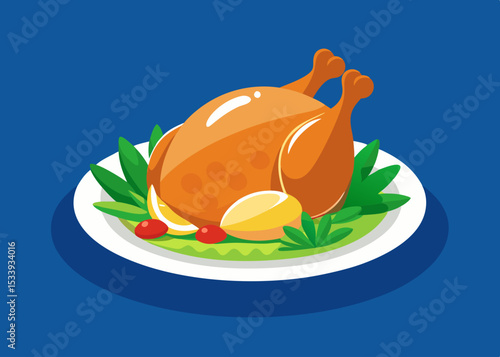Roast turkey bird on a plate for Thanksgiving or harvest festival. Baked grilled chicken on a plate vector cartoon illustration