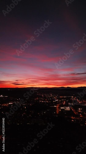 Sunset Aerial View of Fribourg Area with City Lights, Switzerland
