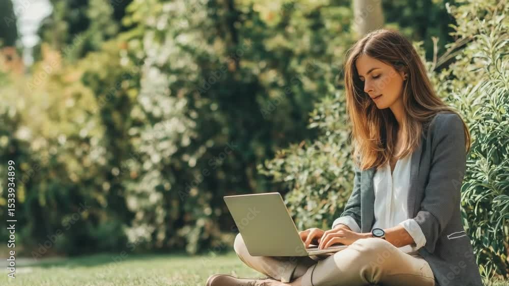 A young businesswoman sitting in her garden, working on a laptop, outlining a presentation for a speech, surrounded by greenery, casual yet professional attire, natural lighting, serene at A young businesswoman sitting in her garden, working on a laptop, outlining a presentation for a speech, surrounded by greenery, casual yet professional attire, natural lighting, serene at