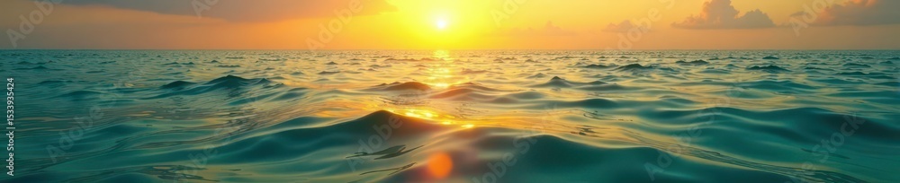 Obraz premium Emerald sea, golden sunset reflecting on calm waves , waves, mediterranean, sunset
