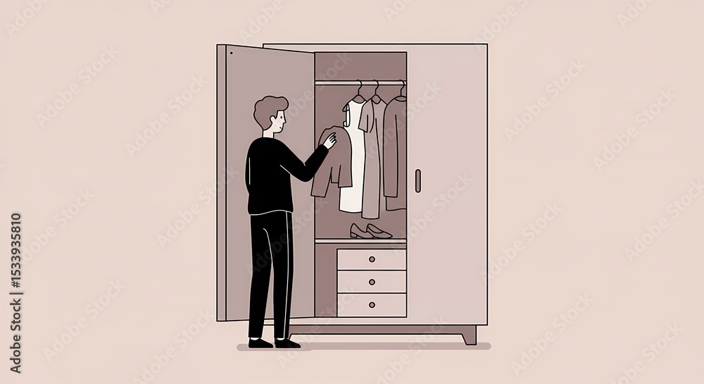 Fototapeta premium Illustrated man selecting a jacket from a wardrobe with shoes and drawers