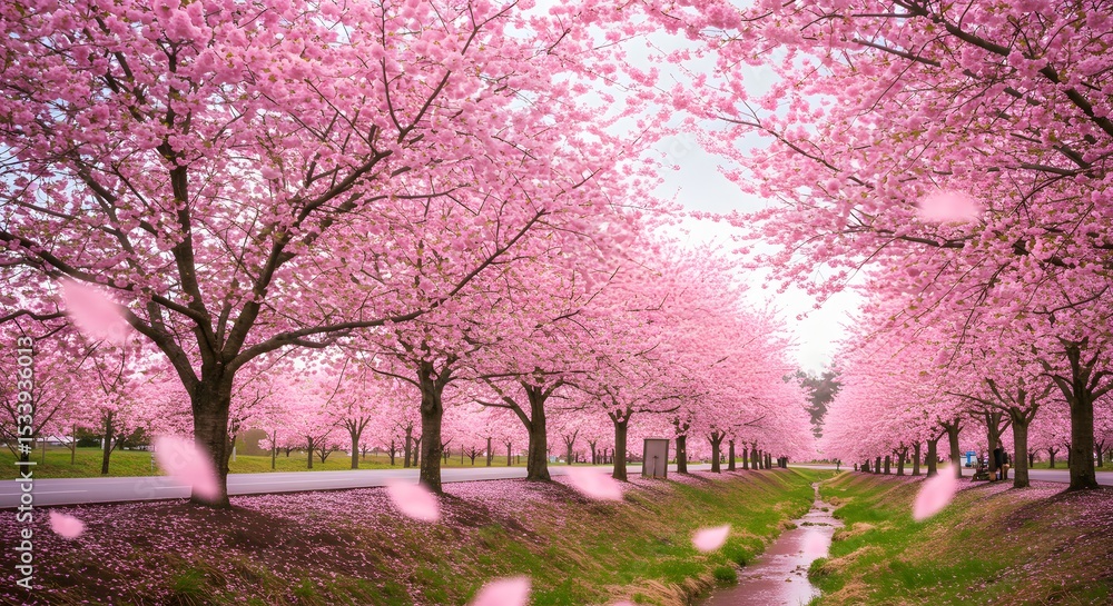 Naklejka premium Cherry blossoms swaying under soft sunlight, designed for romantic designs, mobile apps, or seasonal marketing content.