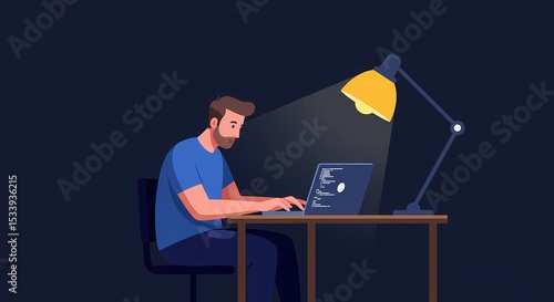 Focused coder working late at night under the warm glow of a desk lamp