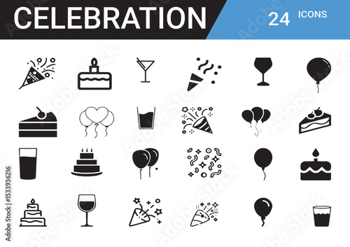 Celebration Icon Set: A comprehensive collection of 24 unique celebration icons, perfectly crafted for digital and print applications. This versatile set features a variety of celebratory elements.