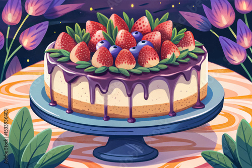 Classic New York cheesecake slice topped with fresh strawberries and syrup delicious dessert vector illustration perfect for bakery menu, patisserie branding, or food packaging