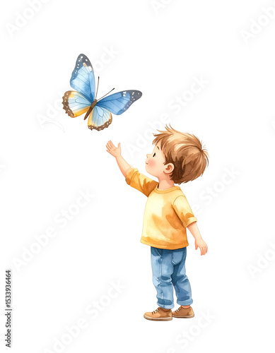 Chasing Dreams: A young boy looks up in wonder, reaching for a beautiful blue butterfly as if trying to catch a dream.