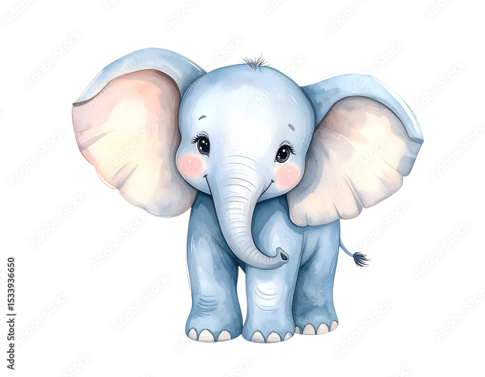 Obraz premium Baby Elephant Charm: A precious baby elephant stands front and center, captivating viewers with its innocent eyes, soft blue hue, and charming demeanor. Capturing pure joy and irresistible allure