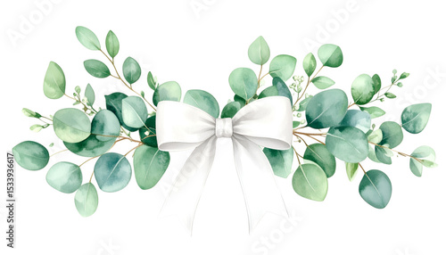 Eucalyptus Garland Embellishment: A beautiful hand-painted watercolor illustration showcases an elegant eucalyptus garland, accented with a delicate white bow. Evoking a sense of delicate elegance.