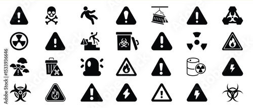 Black and White Safety Warning Icons Set Collection