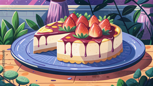 Classic New York cheesecake slice topped with fresh strawberries and syrup delicious dessert vector illustration perfect for bakery menu, patisserie branding, or food packaging