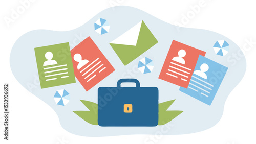 A blue briefcase surrounded by resumes and an envelope with a light blue background design element