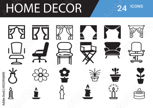 Home Decor Icon Collection: An extensive set of 24 minimalist vector icons depicting various elements of interior design and home decor, presented in a modern and clean graphic style.