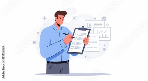 Businessman Reviewing Documents and Checklist with Pen in Hand, Vector Illustration