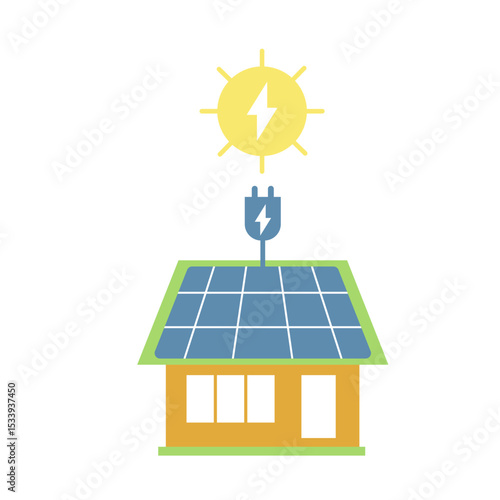 House with solar panel system and sun graphic — great for presentations, websites, and materials focused on solar energy, sustainability, and green technology.