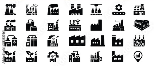 Black Factory Icons Industrial Manufacturing Symbols Set 1
