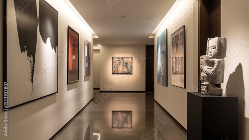 Modern Art Gallery Hallway with Contemporary Paintings and Sculpture on Display in a Sleek Interior