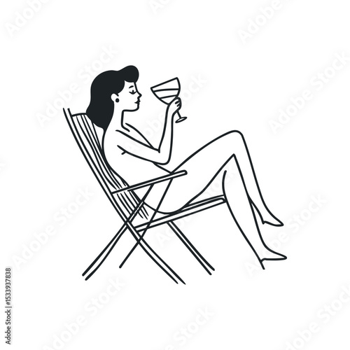A young woman on deck chair drinking cocktail doodle illustration on isolated white background