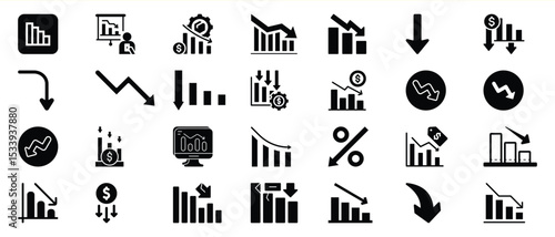 Black Glyph Icons Set Decreasing Financial Charts Graphs Down Arrow 1