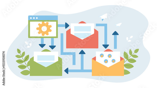 Illustration of a process with envelopes, arrows, and a gear icon on a monitor screen