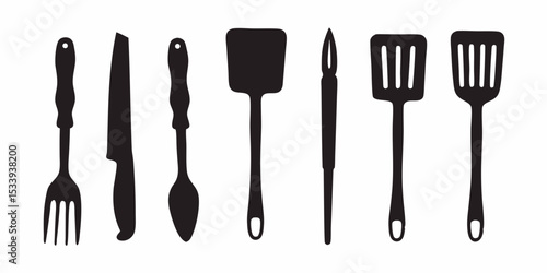 Kitchen utensils vector set cooking tools culinary equipment flatware silhouette for food preparation art