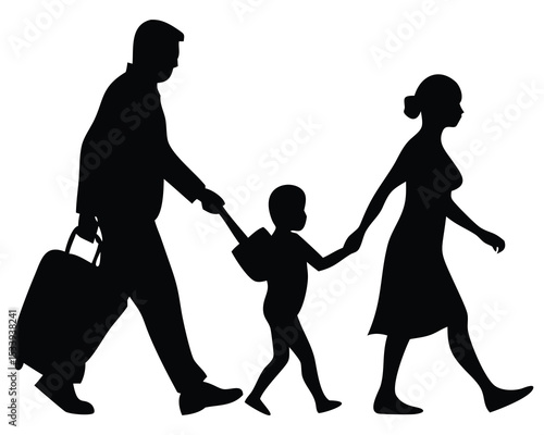 Family travel silhouette: parents with child and luggage walking together on a journey or vacation