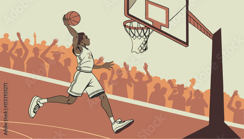Athletic Multiethnic Player Running To Score Slam Dunk Goal in Front of a Crowded Arena. College Basketball Tournament Cinematic Shot with Two Young Teams Playing a Championship Match        