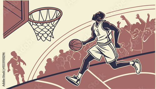 Athletic Multiethnic Player Running To Score Slam Dunk Goal in Front of a Crowded Arena. College Basketball Tournament Cinematic Shot with Two Young Teams Playing a Championship Match        
