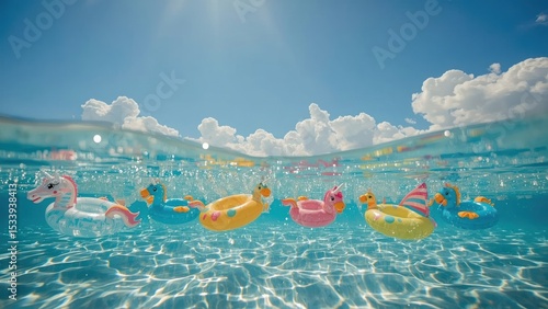 A vibrant and sun-drenched scene unfolds in a shallow pool, where a diverse group of children's toys, including iridescent unicorn floats, colorfully striped water guns, and miniature sailboats, bob g