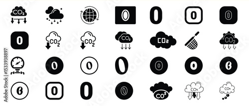 Black Glyph Icons Set Zero Carbon Dioxide Emission