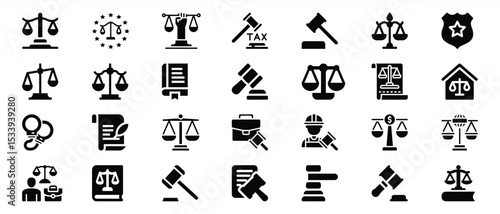 Black Law Justice Icons Set Scales Gavel Legal Symbols 1