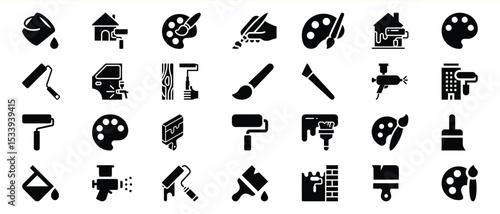 Black Paint Roller Brush Sprayer Palette Icons Set 1